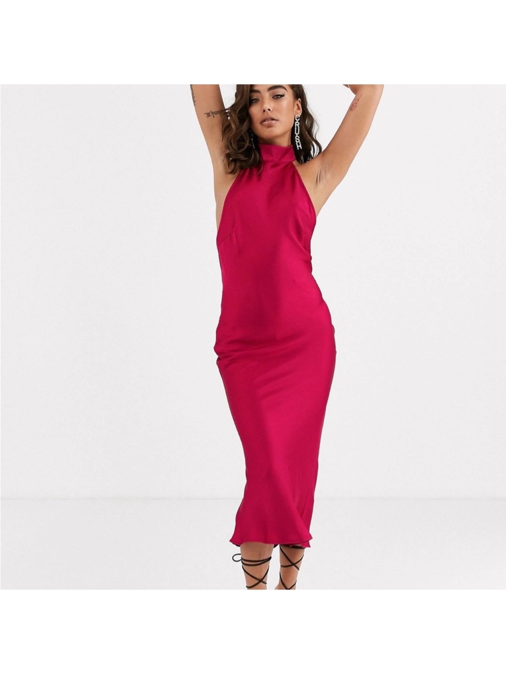 One-Shoulder Midi Dress in Vibrant Fuchsia